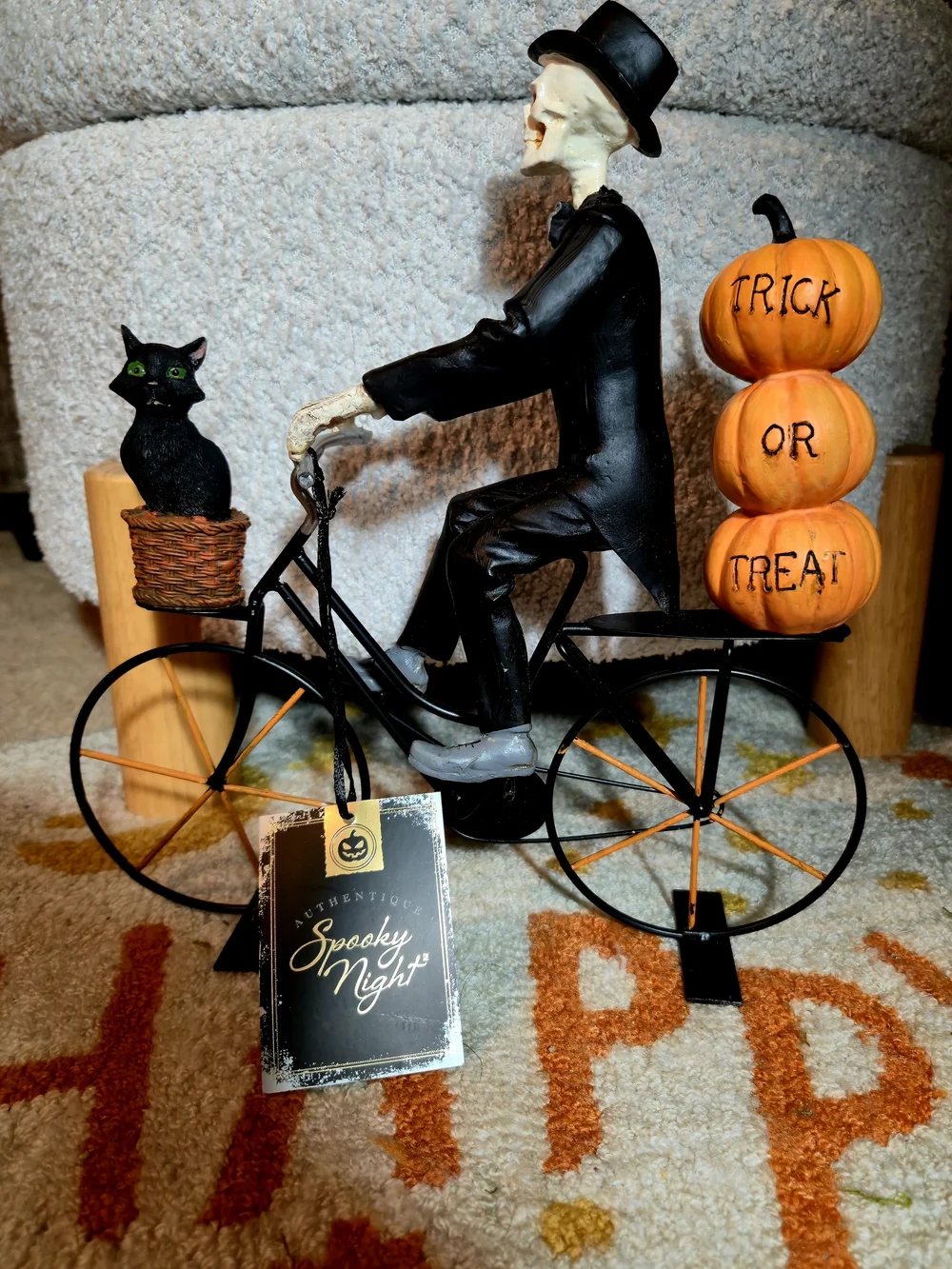 Halloween Spooky Night Skeleton On Bicycle Figurine Prop Cat Pumpkin Tuxedo NWT